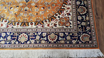 Vintage Persian Qum Silk Rug 4.6x6.7 Burnt Orange Navy Blue Antique Oriental Signature Master Weaver 350 KPSI