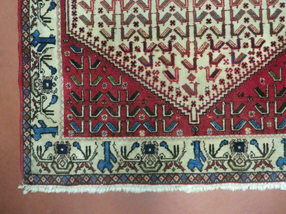 Vintage Handmade Wool Rug India Geometric Oriental Birds Ivory Red 3x5