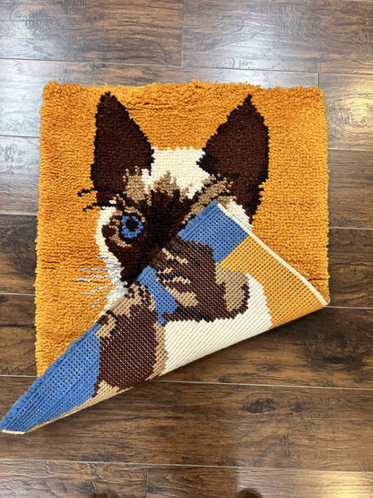 Small Shag Rug with Siamese Cat Pictorial, 2x3 ft Rug, Wool, Vintage, Danish Rya Shag Rug, Orange