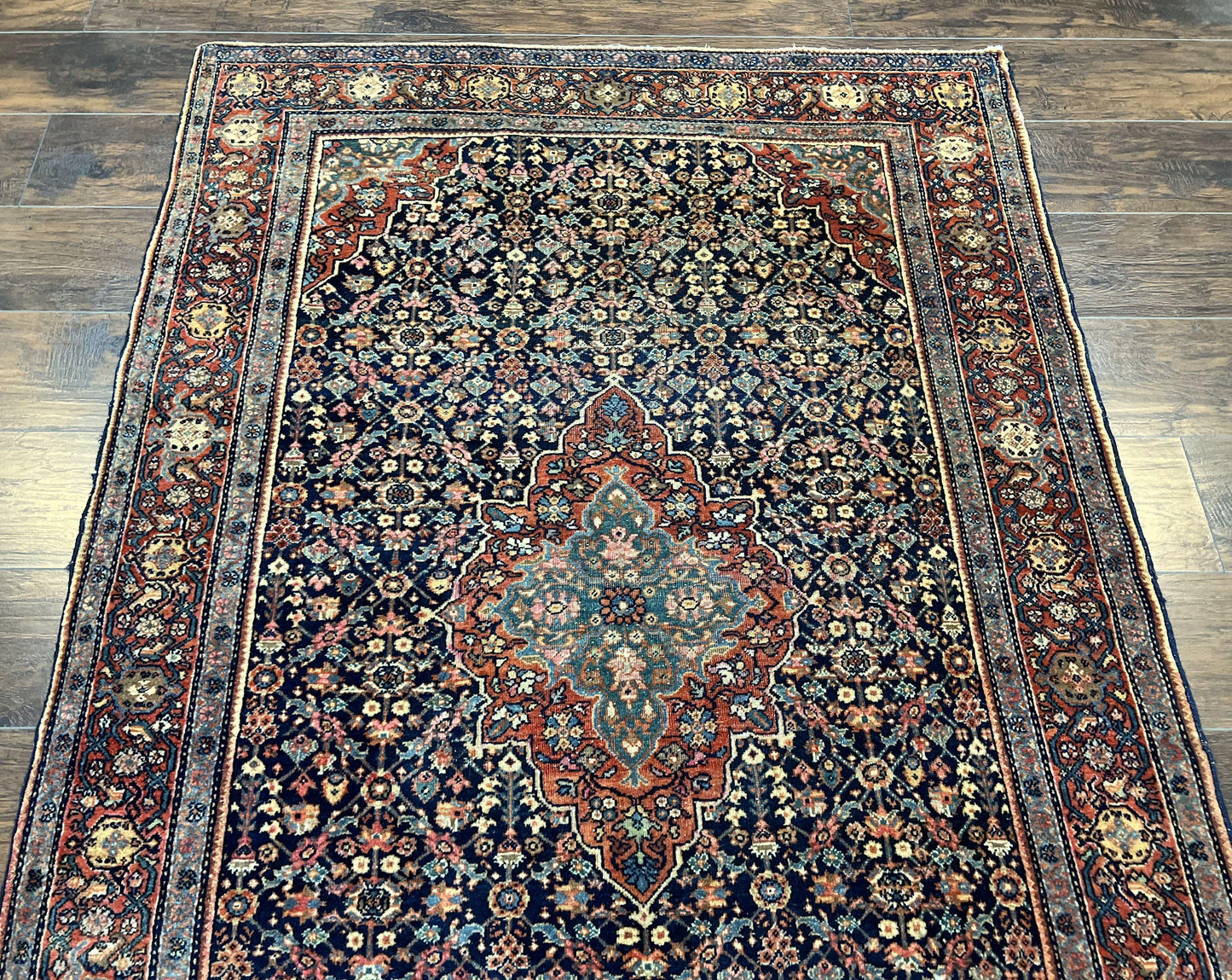 Persian Rug 4x7 Antique Sarouk Farahan Wool Carpet Navy Blue Red