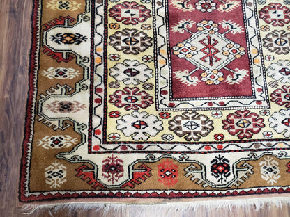 Turkish Caucasian Rug 4x7 Hand Knotted Wool Vintage Area Rug Cream Burnt Orange Carmine Red