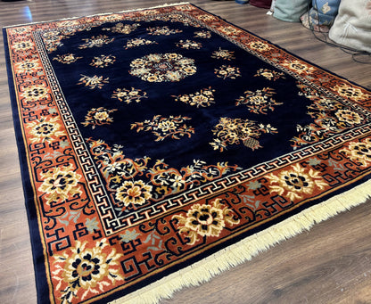Vintage Chinese Wool Rug 8x11 in Navy Blue and Terracotta Floral Design, Couristan Power-Loomed