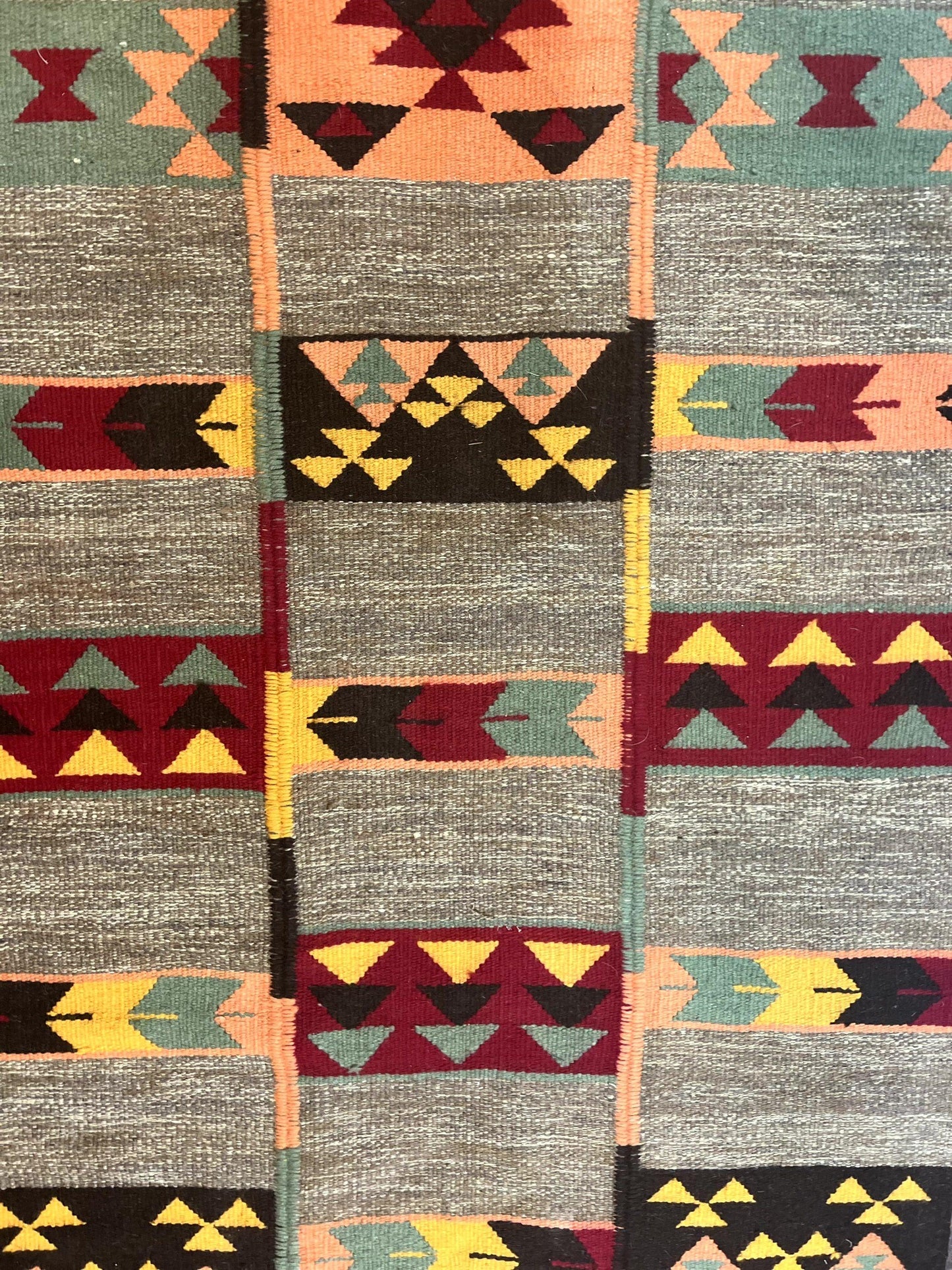 South American Flatweave Rug, Gray, Handmade Vintage Wool Bohemian Blanket
