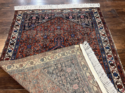 Red Persian Hamadan Rug 4x6, Wool Handmade Antique Carpet, Geometric Medallion Rug, Oriental Rug 4 x 6, Persian Tribal Rug, Hand Knotted Rug