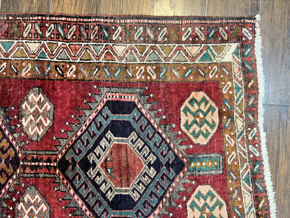 Persian Heriz Runner Rug 3.8 x 8.6, Geometric Design, Large Triple Medallions, Hand Knotted Handmade Vintage Wool Hallway Rug, Red