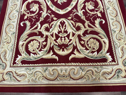 Burgundy Aubusson Wool Rug 6x9 Hand Knotted Vintage Carpet