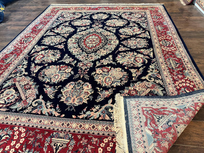 Sino Persian Rug 8x10, Floral Kirman Carpet, Navy Blue and Red, Floral Vases, Handmade Vintage Wool Carpet, 320 KPSI
