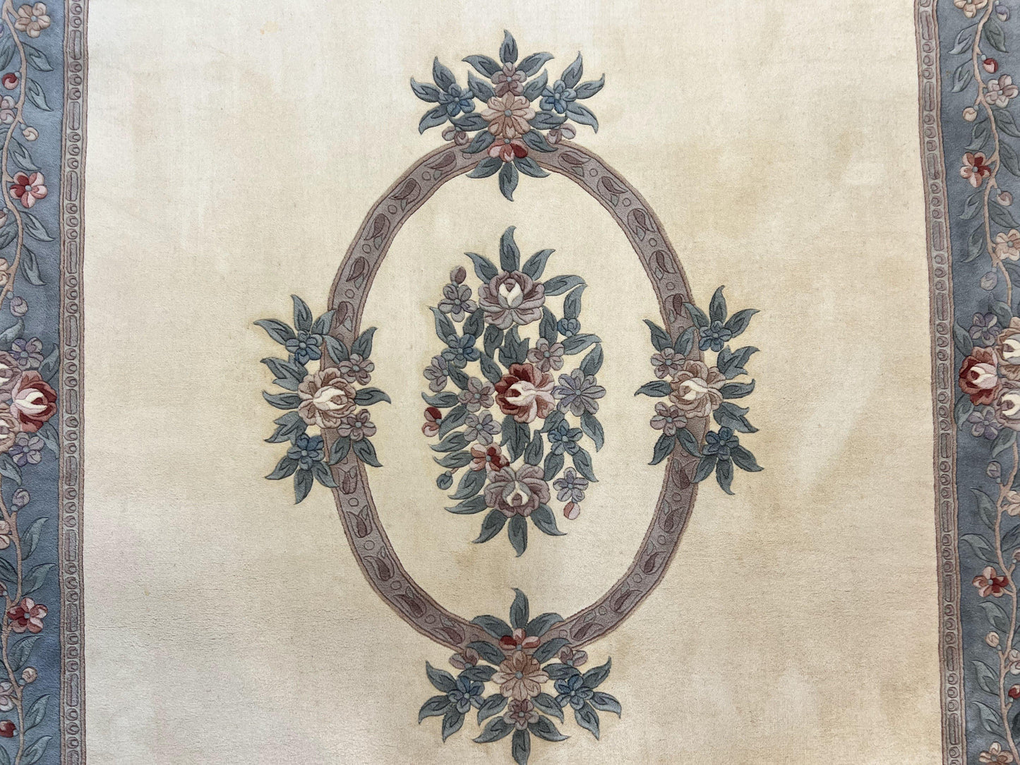 Chinese Wool Rug 8x10 Handknotted 120 Line Cream Aubusson Art Deco Oriental Rug