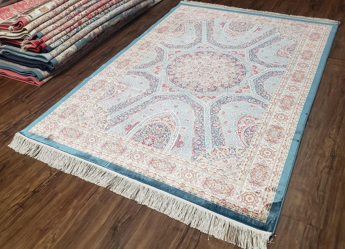Bamboo Silk Rug 4x6 Light Blue Beige Oriental Medallion Pattern