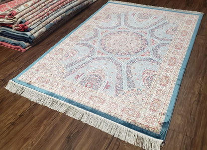 Bamboo Silk Rug 4x6 Light Blue Beige Oriental Medallion Pattern