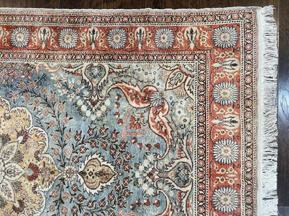 Silk Turkish Rug 5x7, Light Blue Silk Carpet, Floral Medallion, Turkish Kayseri Rug, Vintage Handmade Oriental Rug