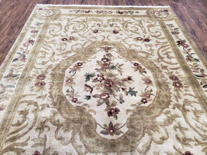 Vintage Nepali Tibetan Aubusson Rug 6x9, Wool Hand-Knotted Cream Beige Carpet, Leaves & Floral Pattern 6 x 9 Soft Area Rug Home Office Rug