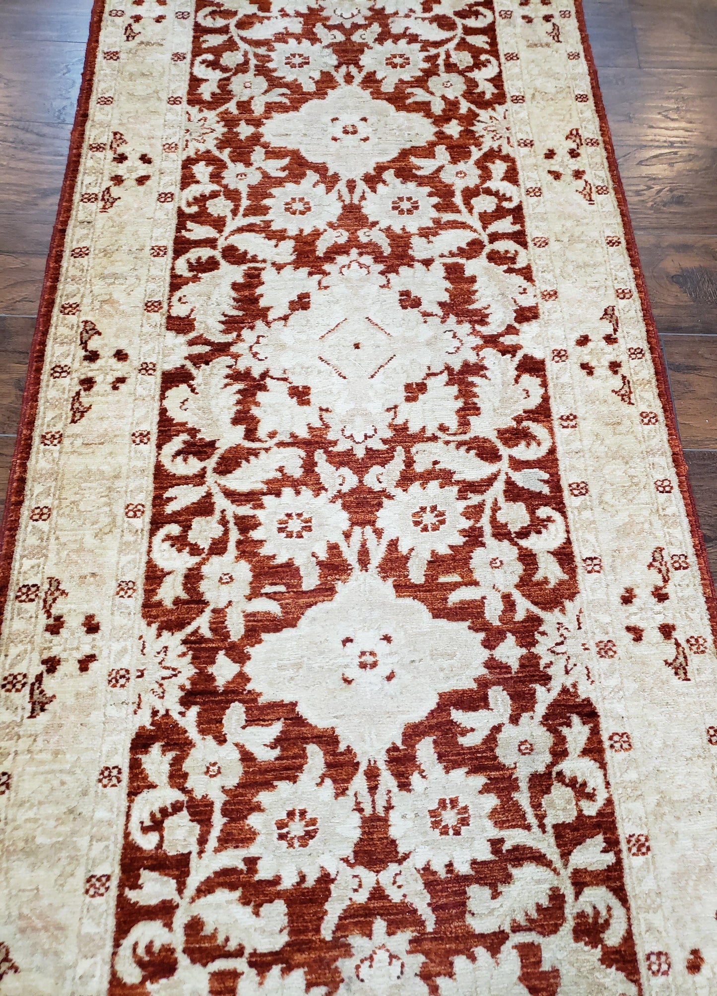 21 ft Runner Rug Long Hallway Runner, 3 x 21 Corridor Rug, Peshawar Pak Persian Chobi Agra Rug, Maroon and Beige Large Flowers Wool Handmade