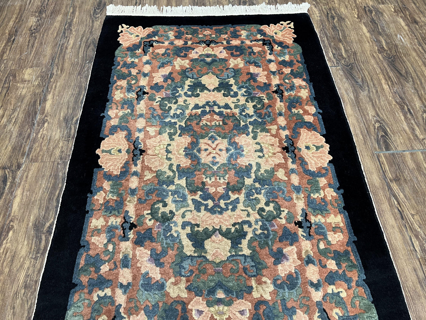 Art Deco Rug Chinese Handmade Wool 3x5 Vintage Floral Black Beige Carpet