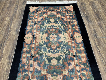 Art Deco Rug Chinese Handmade Wool 3x5 Vintage Floral Black Beige Carpet