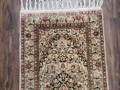 Silk Oriental Rug 1' 7" x 3', Very Fine Silk Carpet, Small Silk Rug, Traditional Floral Medallion, Hand-Knotted Cream Beige Vintage Silk Rug