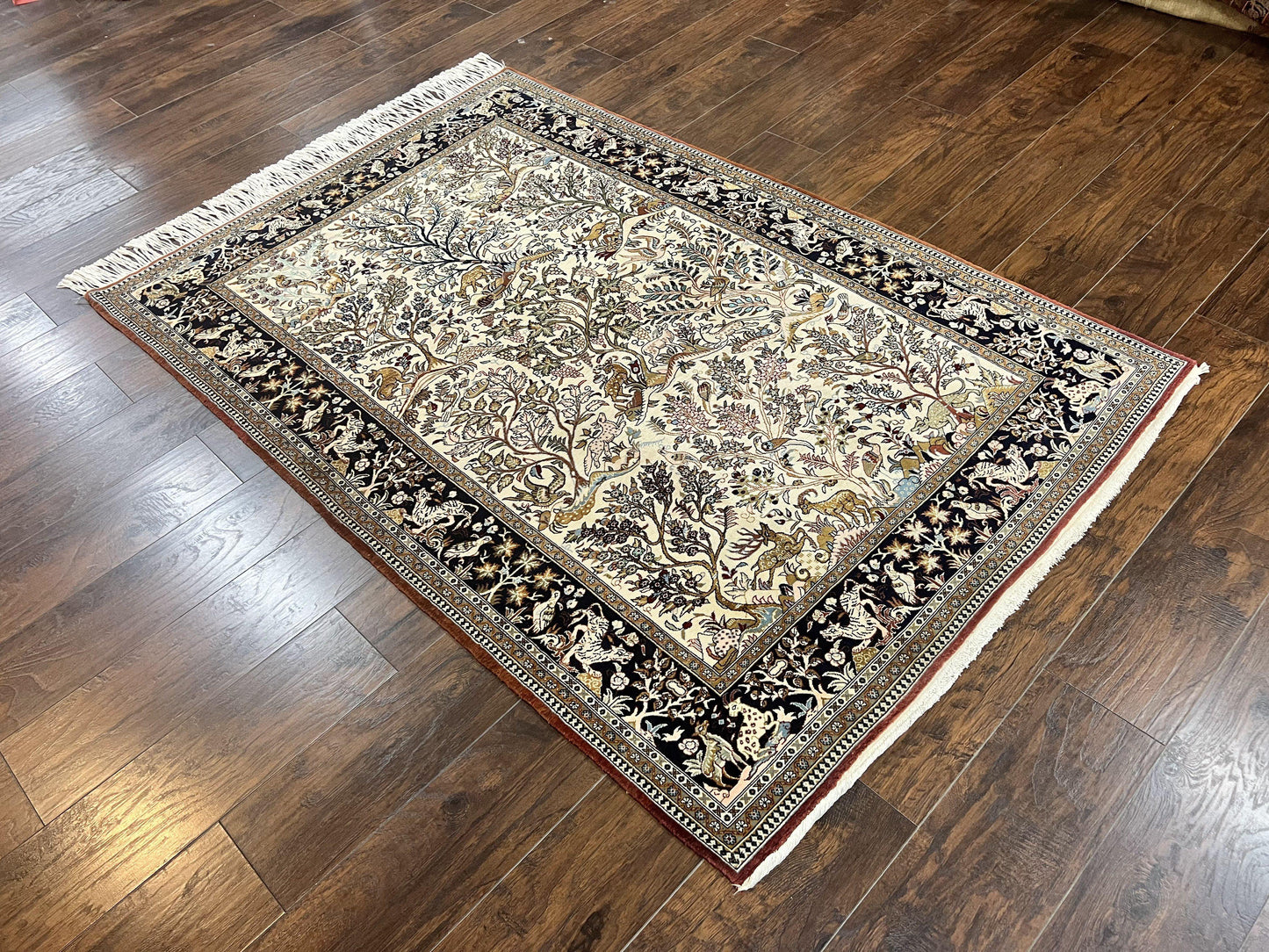 Persian Qum Tree of Life Rug 5x7, Wool and Silk Highlights, Animal Motifs, Vintage Hand Knotted Handmade Cream & Black Fine Oriental Carpet