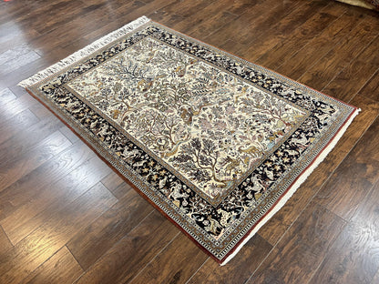 Persian Qum Tree of Life Rug 5x7, Wool and Silk Highlights, Animal Motifs, Vintage Hand Knotted Handmade Cream & Black Fine Oriental Carpet