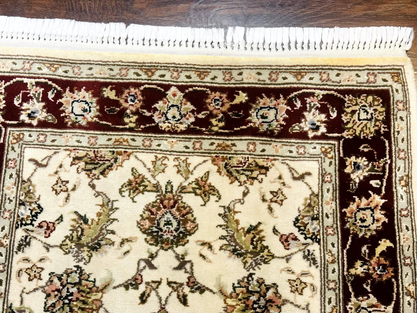 Persian Runner Rug 2.8 x 8 Handmade Vintage Wool and Silk Highlights Beige Maroon