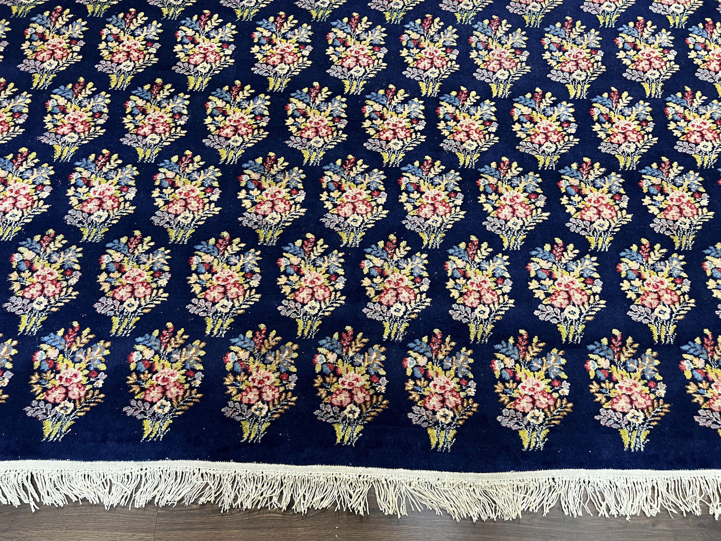 Persian Rug 9x12, Authentic Hand Knotted Carpet, Repeated Floral Motif Garden of Eden, Navy Blue Wool Rug 9 x 12, Semi Antique Kirman Rug