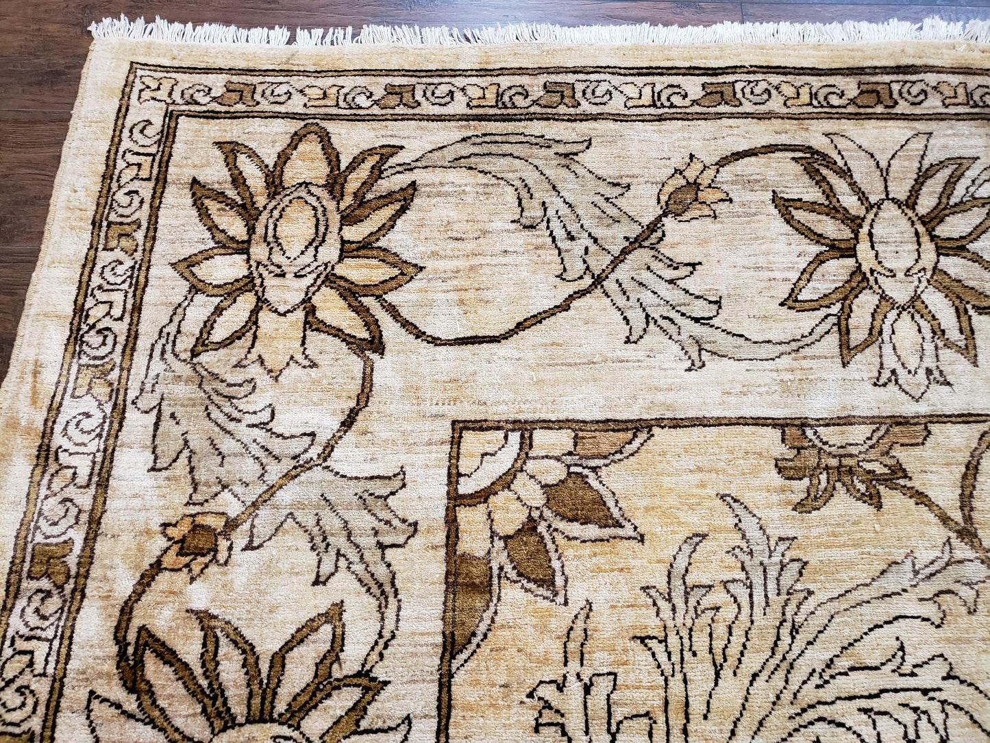 Oversized Peshawar Chobi Oushak Area Rug 11.6 x 12.5, Wool Hand-Knotted Light Gold & Ivory Decorative Pakistani Floral Carpet, 11x12 - 12x13