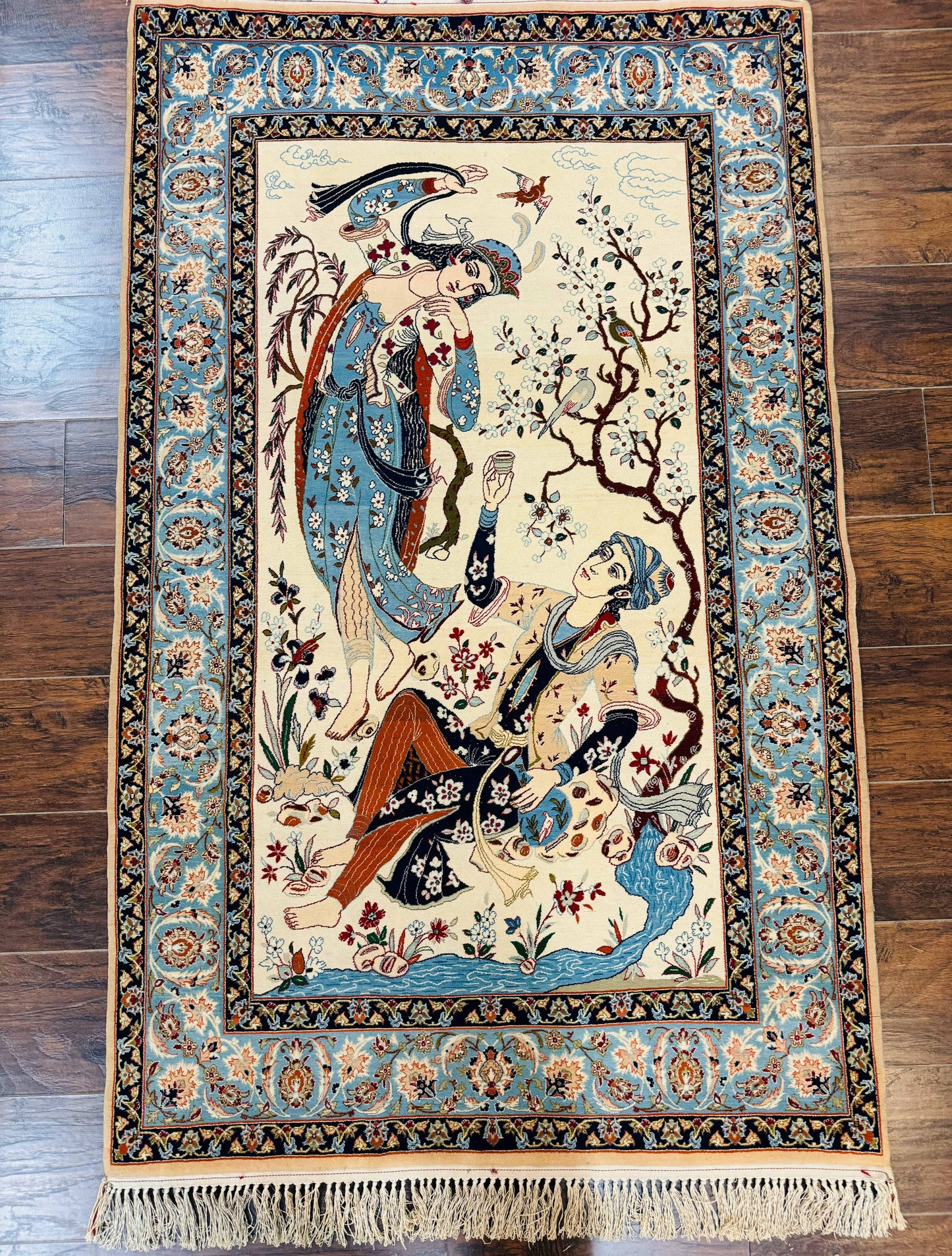 Persian Isfahan Pictorial Rug, Two Lovers, Kork Wool on Silk Foundation, Ivory and Light Blue, 500 KPSI Super Fine