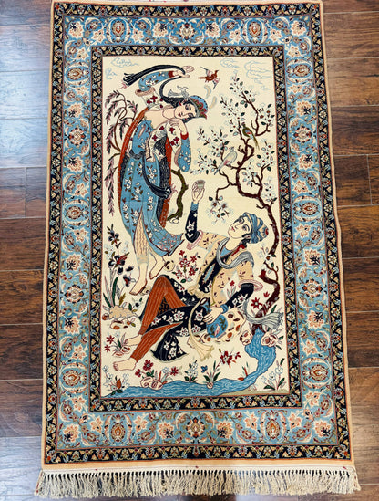 Persian Isfahan Pictorial Rug, Two Lovers, Kork Wool on Silk Foundation, Ivory and Light Blue, 500 KPSI Super Fine