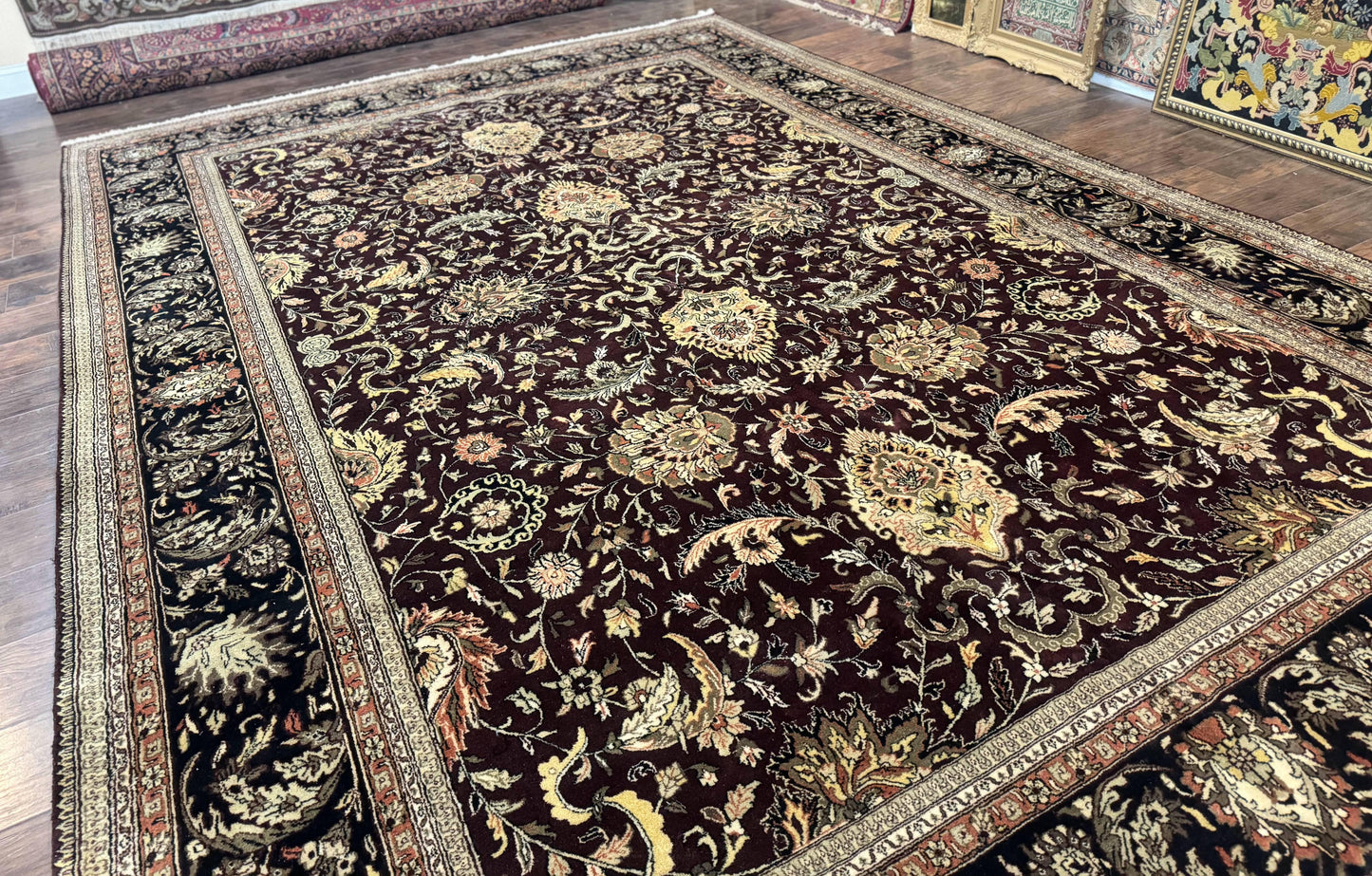 Indo Persian Rug 10x14 Handmade Wool Floral Allover Vintage Dark Maroon Plum Black