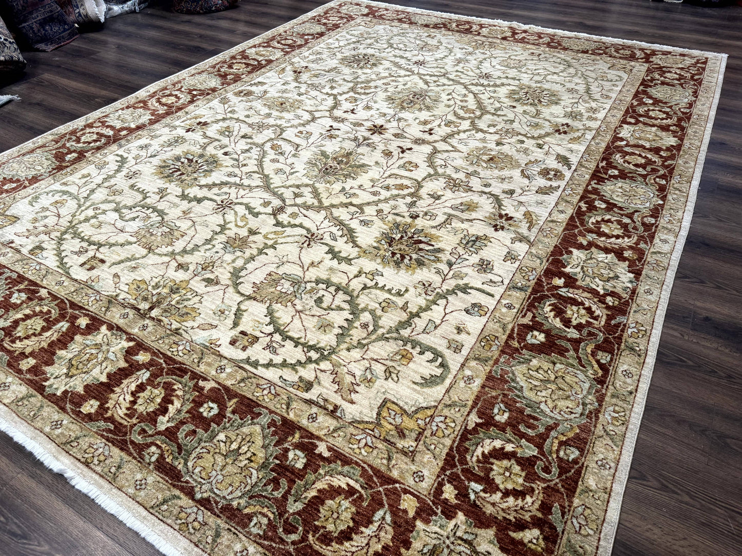 Peshawar Rug Floral Wool 9x12 Hand Knotted Pakistani Carpet Beige And Rust