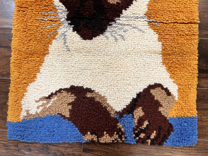 Small Shag Rug with Siamese Cat Pictorial, 2x3 ft Rug, Wool, Vintage, Danish Rya Shag Rug, Orange