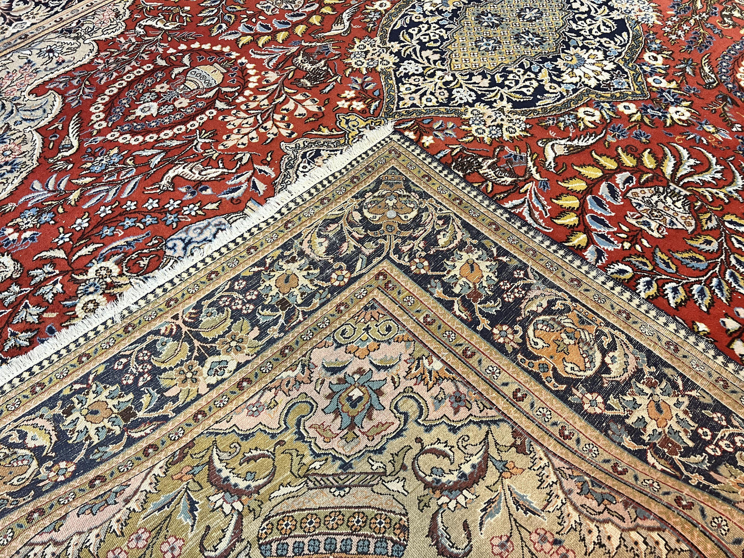 Persian Qum Rug 10x14 Hand Knotted Wool Silk Highlights Red Floral Semi Antique Vintage