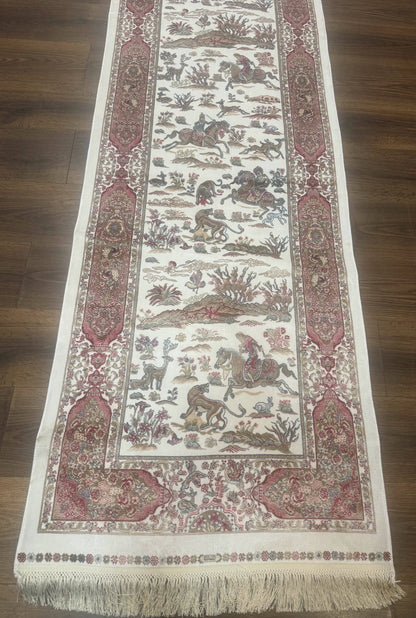Long Turkish Silk Runner Rug 2.6 x 16.5, Hunting Design, Ivory, Bamboo Silk, New