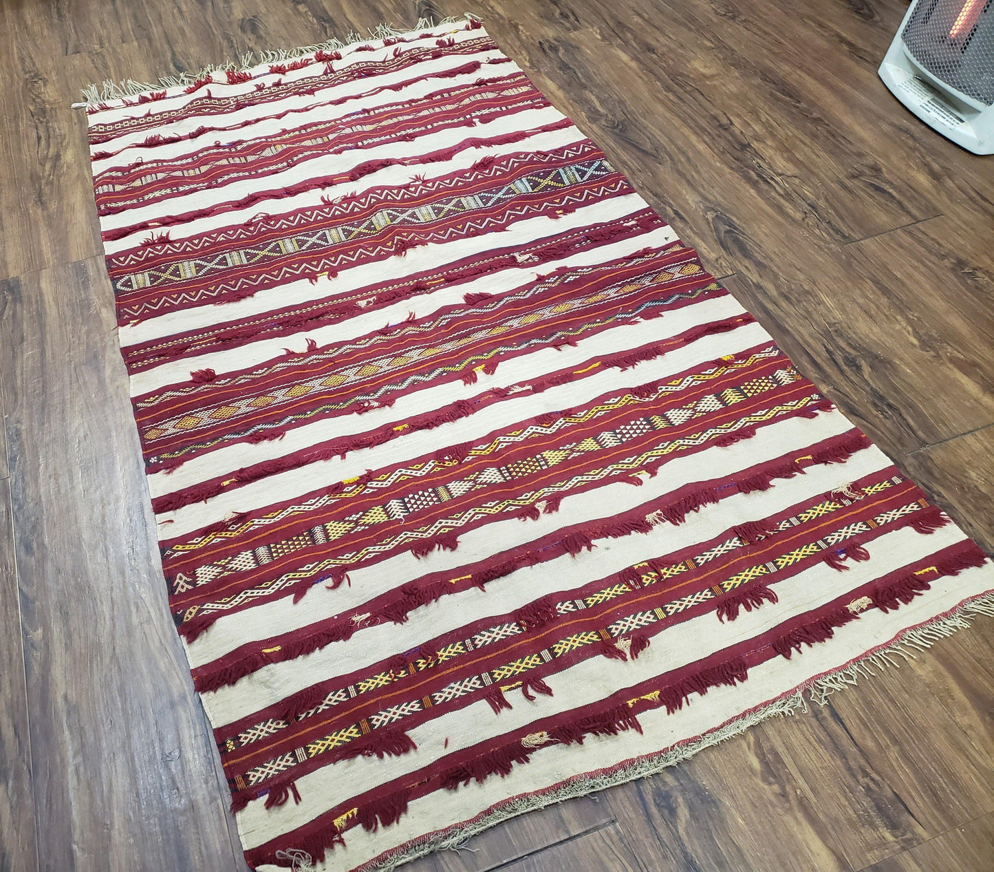 Turkoman Yamud Rug Antique 1920s Hand Knotted 3x5 ft Sofreh Table Cover Tribal Bohemian Ivory and Red