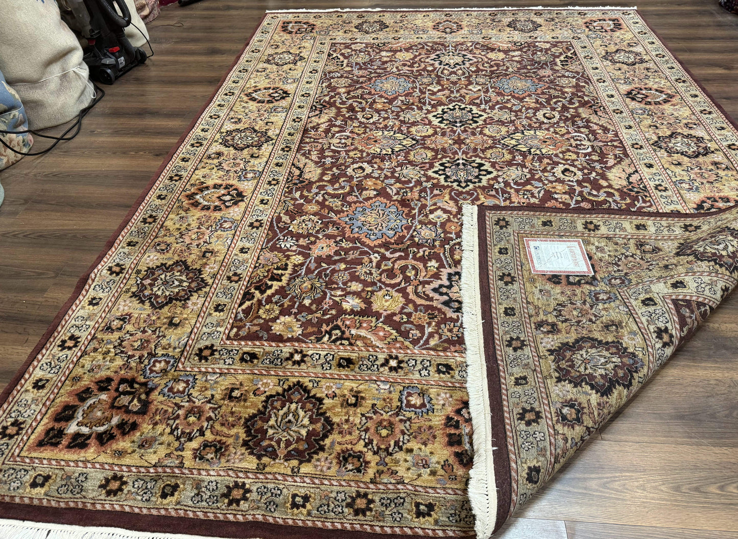 Indo Persian Rug 8x11 Handmade Wool Hand Knotted Eggplant Tan Allover Pattern Couristan