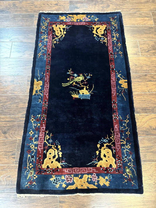 Antique Chinese Peking Rug 3x6 Handmade Wool Bird Motif Dark Blue Oriental Carpet