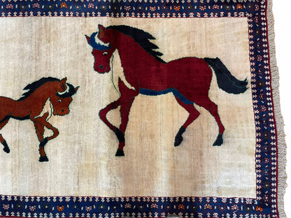 Handmade Wool Pictorial Horse Rug Hand Knotted 3.5 By 5 Brown