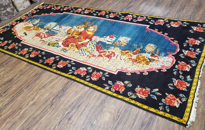 Antique Persian Pictorial Rug 4'6" x 9', Wool Hand-Knotted Blue Roses Karabagh Caucasian Carpet, 1920s Girl Deer Tapestry Wall Hanging Rug