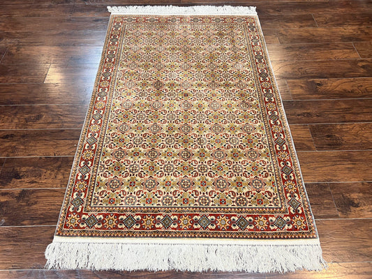 Turkish Kayseri Silk Rug 4x6 Hand Knotted Handmade Vintage Allover Pattern Cream