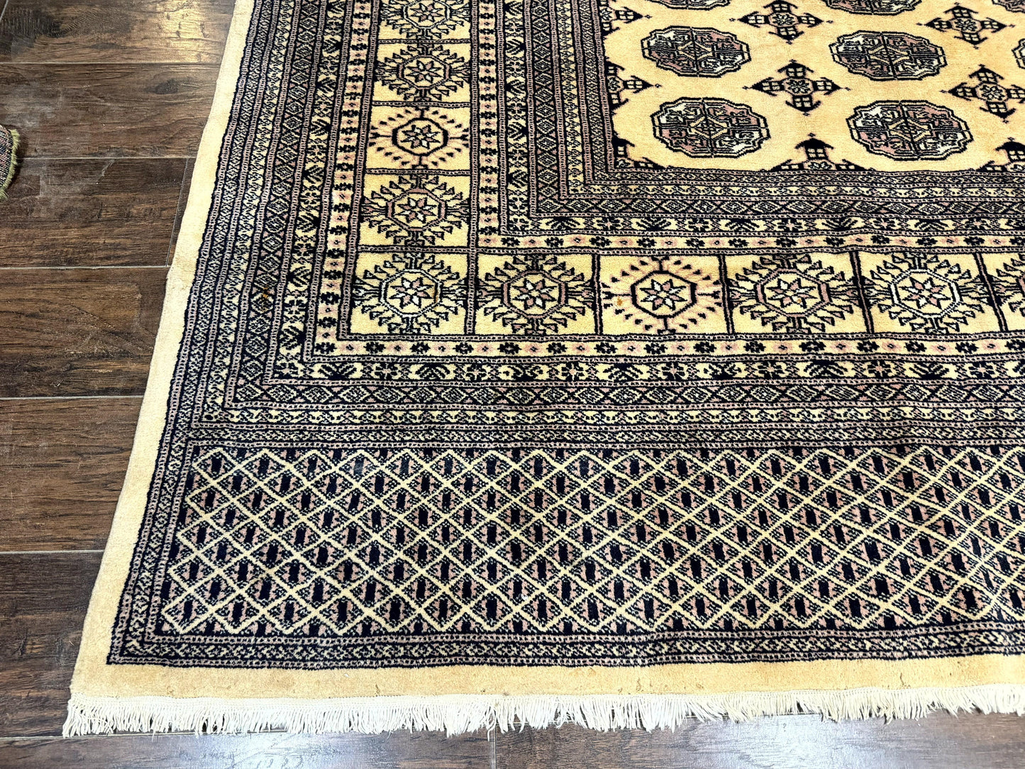 Pakistani Bokhara Turkoman Rug 9x11, Cream, Handmade Wool Vintage Carpet