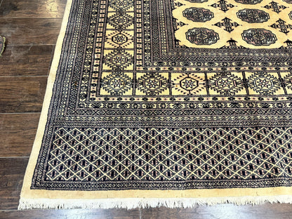 Pakistani Bokhara Turkoman Rug 9x11, Cream, Handmade Wool Vintage Carpet