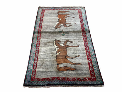 Handmade Wool Rug 4x6 Vintage Zagros Horses Pictorial Area Rug