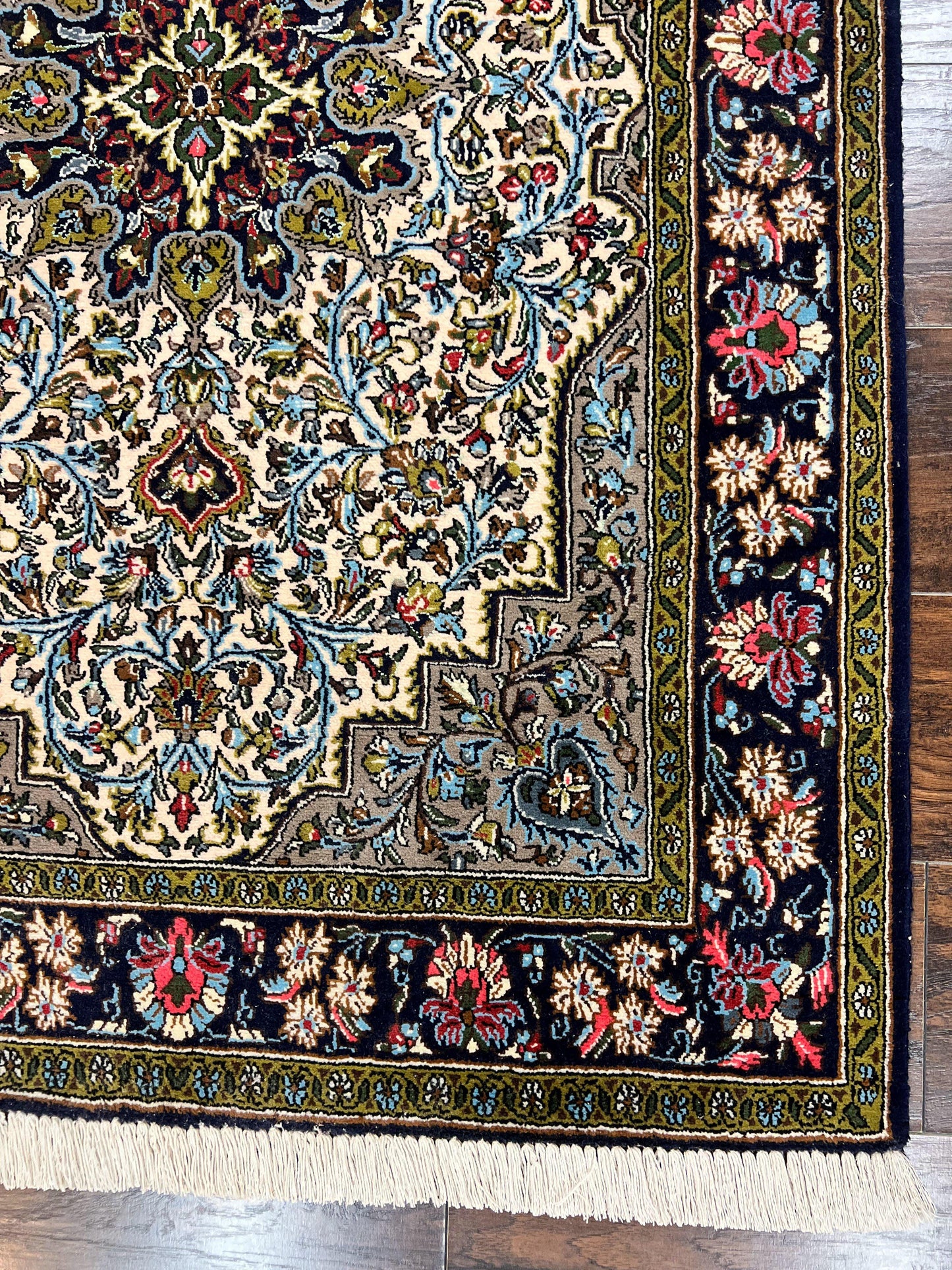 Persian Qum Rug 3x5, Wool with Silk Highlights, Handmade Semi Antique Carpet, Ivory & Navy Blue, Floral Medallion, Finely Hand Knotted