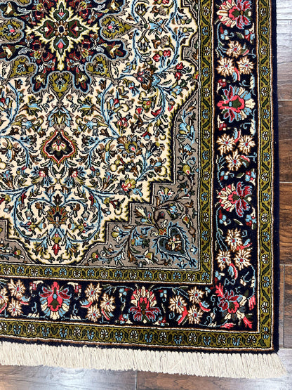 Persian Qum Rug 3x5, Wool with Silk Highlights, Handmade Semi Antique Carpet, Ivory & Navy Blue, Floral Medallion, Finely Hand Knotted