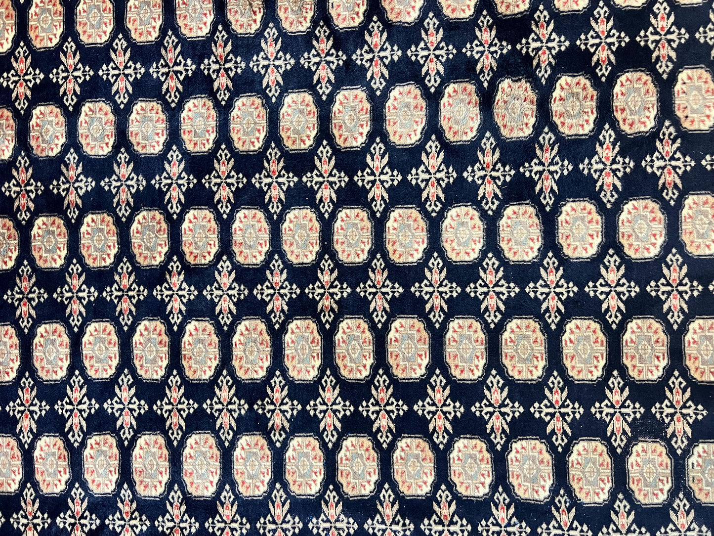 Pakistani Bokhara Rug 8x10 Hand Knotted Wool Vintage Carpet in Dark Blue Beige