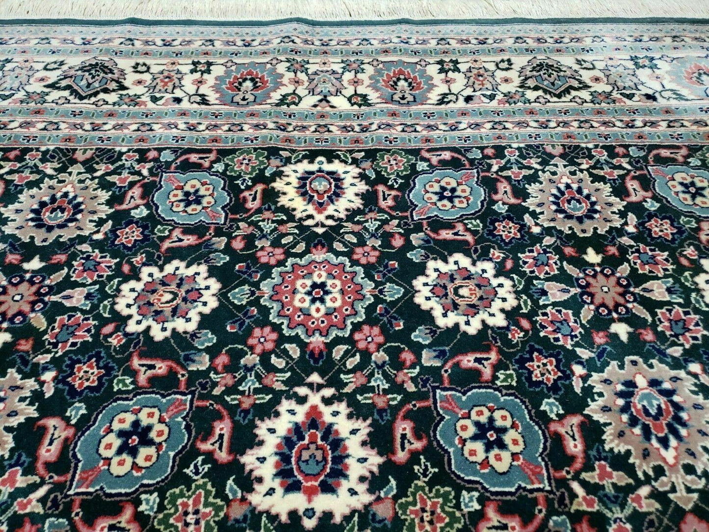 Handmade Indian Wool Rug 8x10 Vintage 1980s Oriental Floral Forest Green Organic Dye