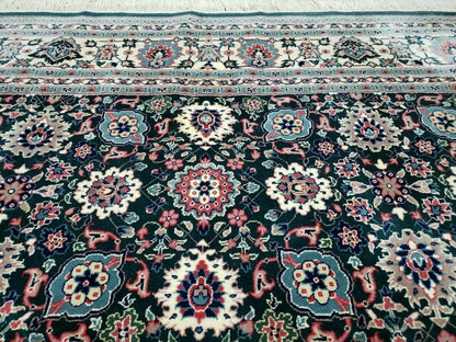 Handmade Indian Wool Rug 8x10 Vintage 1980s Oriental Floral Forest Green Organic Dye