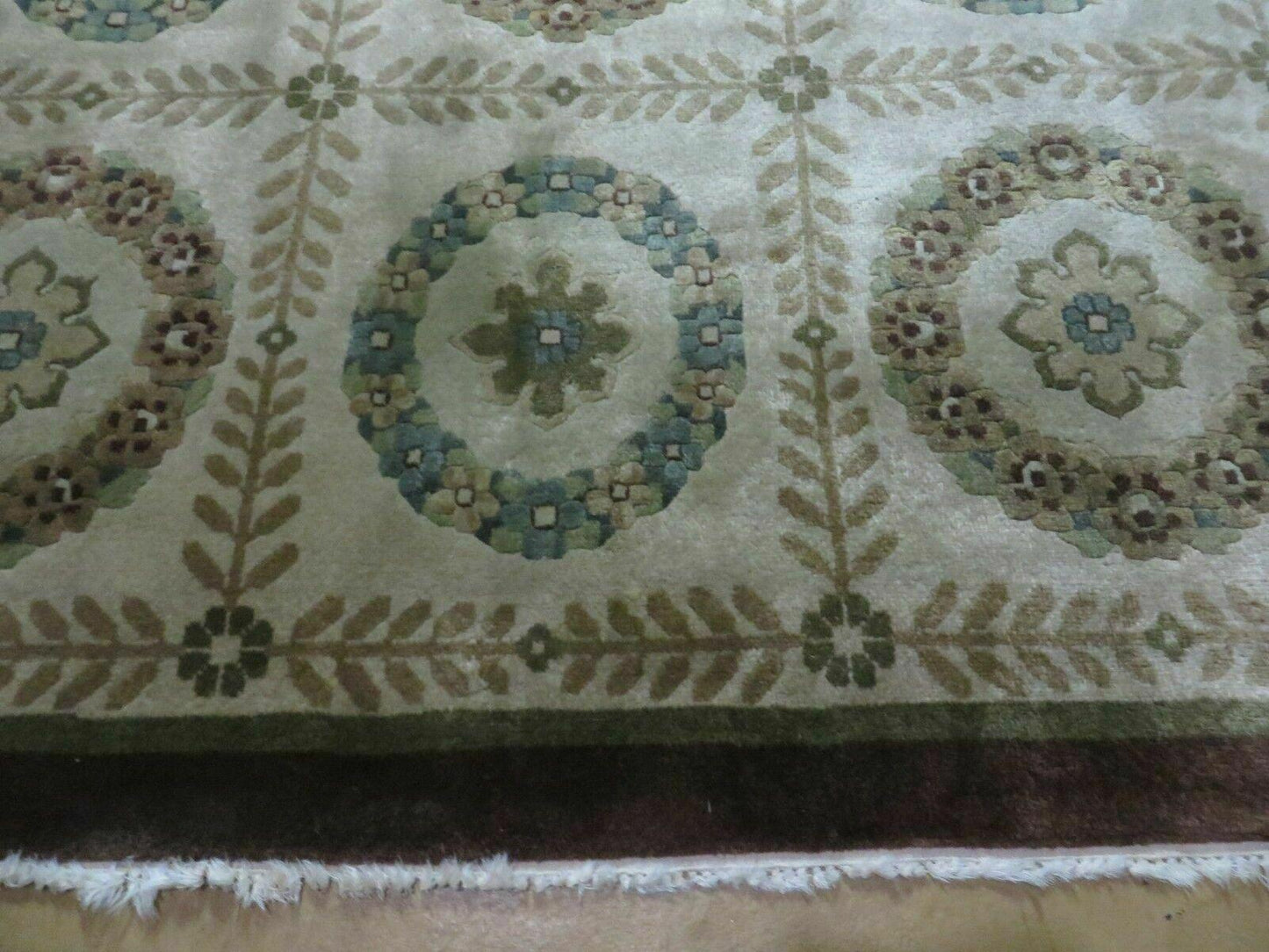 Handmade Wool Rug Indo Lahore 9x12 Modern Art Deco Olive Ivory