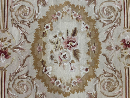 Aubusson Needlepoint Rug 4x5 Ft Beige Tan Vintage Wool Floral Rose European Design