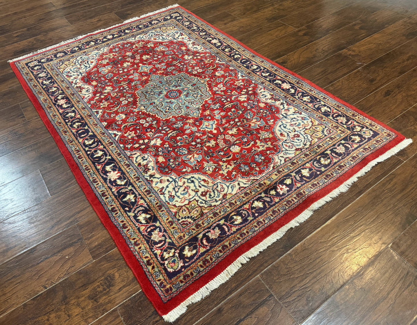 Persian Sarouk Rug 4x7, Red Navy Blue Vintage Wool Medallion Carpet