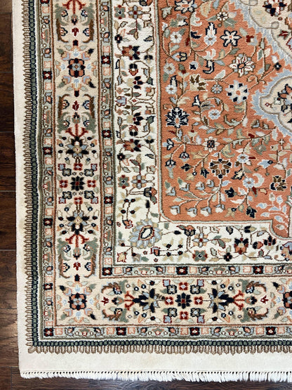 Indo Persian Rug 6x9, Wool Hand Knotted Vintage Carpet, Salmon & Ivory, Traditional Oriental Rug 6 x 9